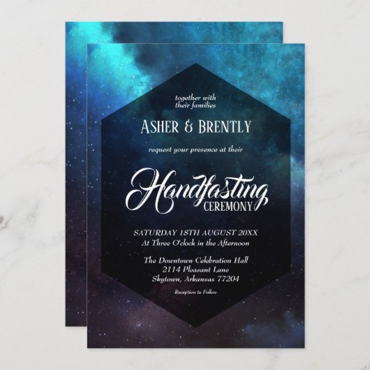 Dunkle farbenfrohe Sternennebel-Handfastfeier Einladung (Vorne/Hinten)