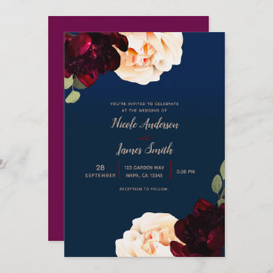Dunkle Floral Marsala Cream & Navy Blue Wedding Einladung