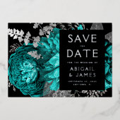 Dunkle florale Aquamarine blaue Silber Hochzeit sp Folieneinladung (Vorderseite)