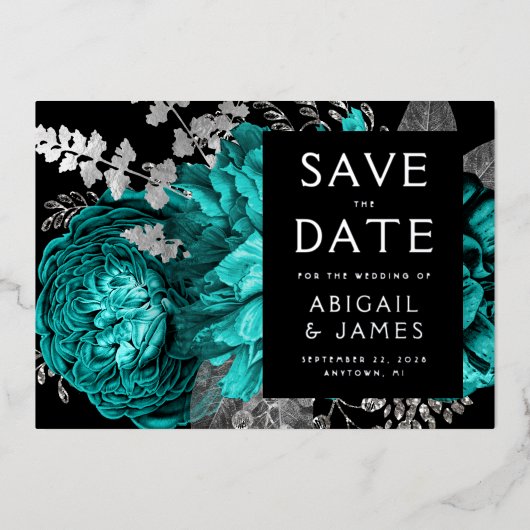Dunkle florale Aquamarine blaue Silber Hochzeit sp Folieneinladung (Vorderseite)