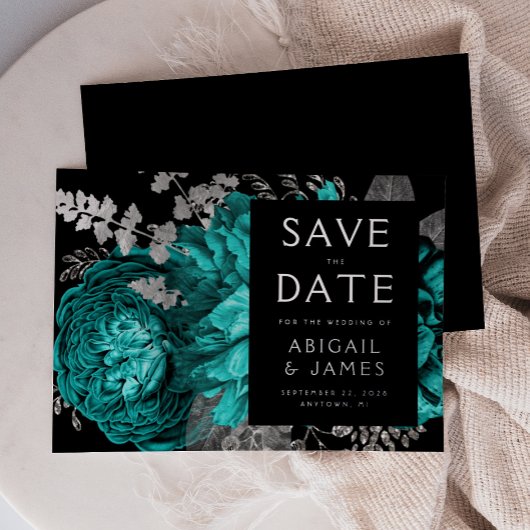 Dunkle florale Aquamarine blaue Silber Hochzeit sp Folieneinladung