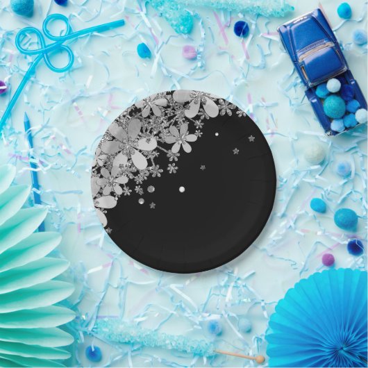 Dunkle florale Blume Glitzer silberfarben Pappteller (Party)