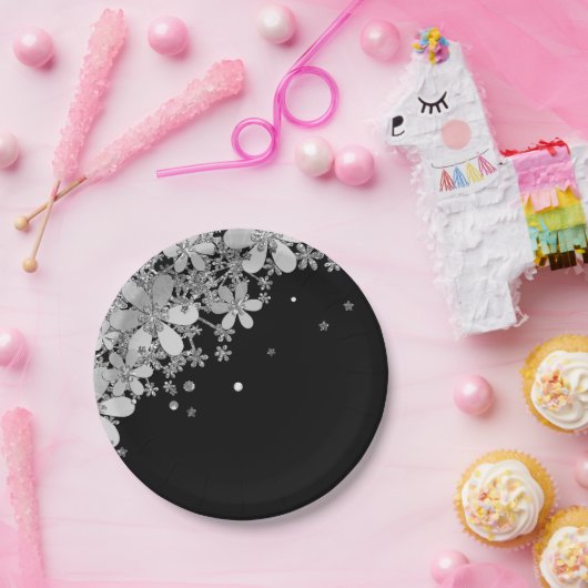 Dunkle florale Blume Glitzer silberfarben Pappteller (Party)