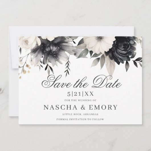Dunkle Florale Boho Schwarze Creme Hochzeit Save The Date (Vorderseite)