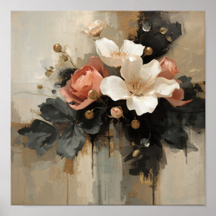 Dunkle Florale Magnolie und Rose Stillleben Poster