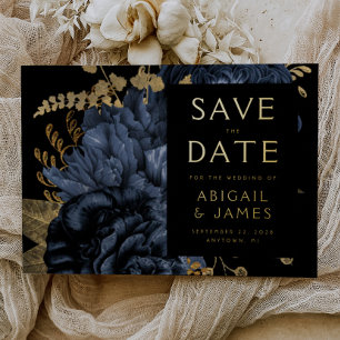 Dunkle florale Navy Blue Gold Hochzeit speichern d Folieneinladung