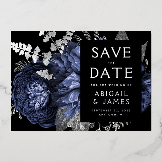 Dunkle florale Navy Blue Silver Wedding Save the D Folieneinladung (Vorderseite)