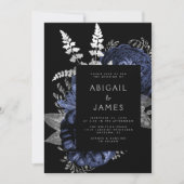 Dunkle Florale Navyblaue Silberne QR-Code-Hochzeit Einladung (Vorderseite)