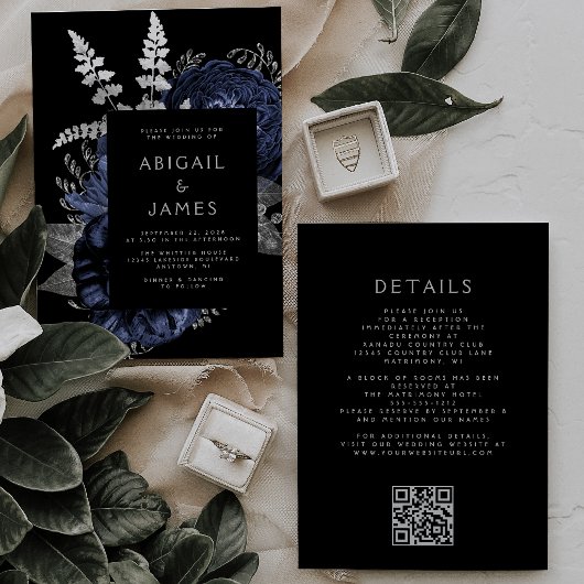 Dunkle Florale Navyblaue Silberne QR-Code-Hochzeit Einladung