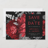 Dunkle florale rote Silber Hochzeit speichern Sie  Einladung (Vorderseite)