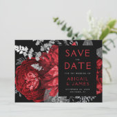 Dunkle florale rote Silber Hochzeit speichern Sie  Einladung (Stehend Vorderseite)