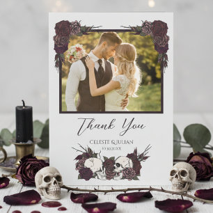 Dunkle Florale Schädel-Foto-Hochzeit-Dankeskarten Dankeskarte
