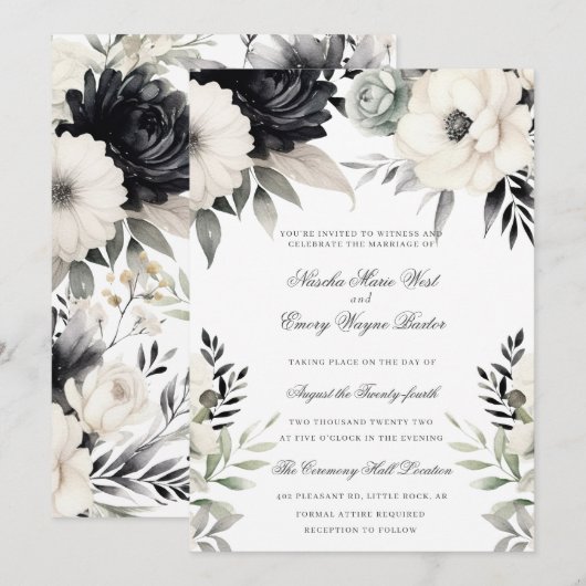 Dunkle Florale Schwarze Creme Boho Hochzeit Einladung (Vorne/Hinten)
