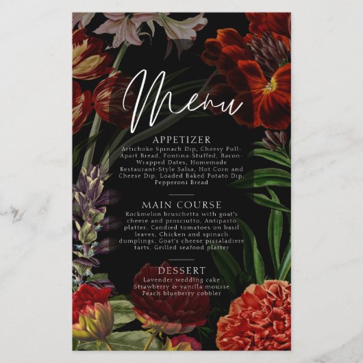 Dunkle florale, stimmungsvolle Hochzeitsmenü (Vorderseite)
