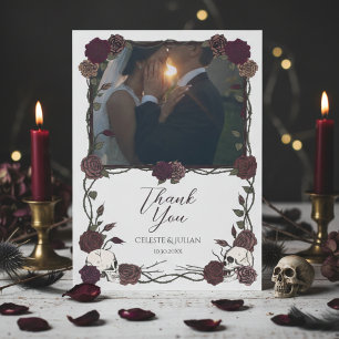Dunkle Florale Totenkopf-Foto-Hochzeit-Dankeskarte Dankeskarte