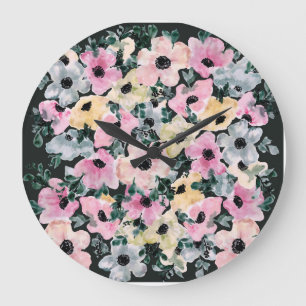 Dunkle florale Wasserfarbe: schöner Druck. Große Wanduhr