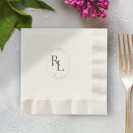 Dunkle Forest Green Ecru Floral Monogram Wedding Serviette