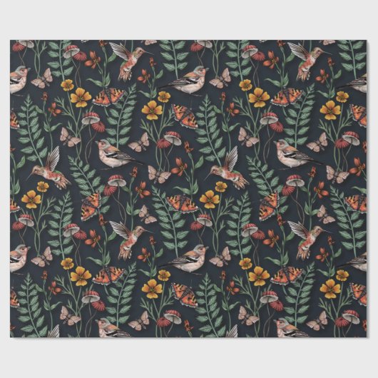 Dunkle Gartenvögel und Schmetterlinge Geschenkpapier (Flach)
