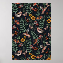 Dunkle Gartenvögel und Schmetterlinge Poster