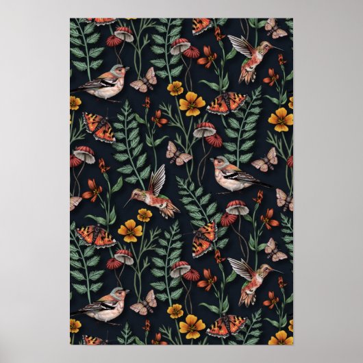 Dunkle Gartenvögel und Schmetterlinge Poster (Vorne)
