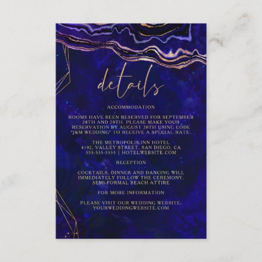 Dunkle Geode Deep Blue Agate Hochzeitdetails Begleitkarte (Vorderseite)