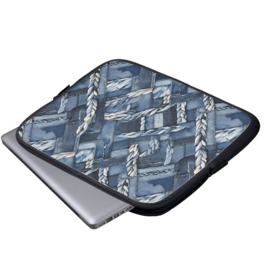 Dunkle gestörte Denim Patchwork und Braids Laptopschutzhülle (Vorne Knopf)