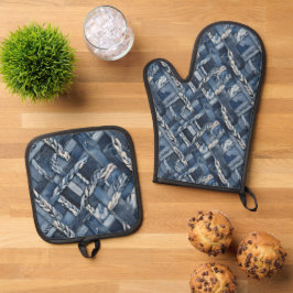 Dunkle gestörte Denim Patchwork und Braids Ofenhandschuh & Topflappen-Set