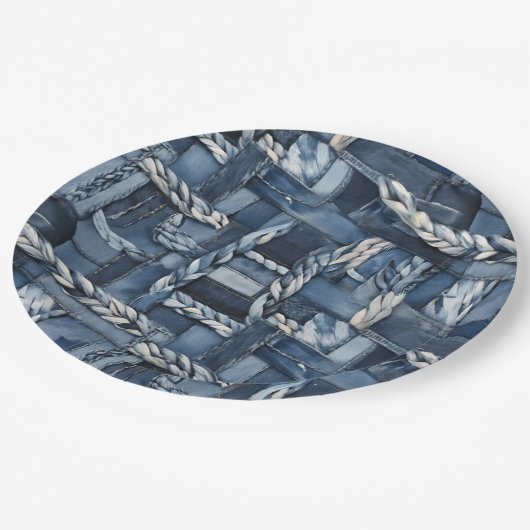 Dunkle gestörte Denim Patchwork und Braids Pappteller (Schrägansicht)