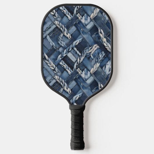 Dunkle gestörte Denim Patchwork und Braids Pickleball Schläger (Vorderseite)