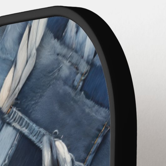 Dunkle gestörte Denim Patchwork und Braids Pickleball Schläger (Linke Seite)