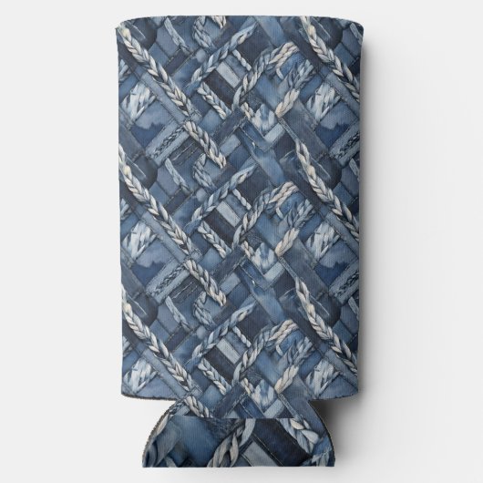 Dunkle gestörte Denim Patchwork und Braids Selters Dosenkühler (Rückseite)