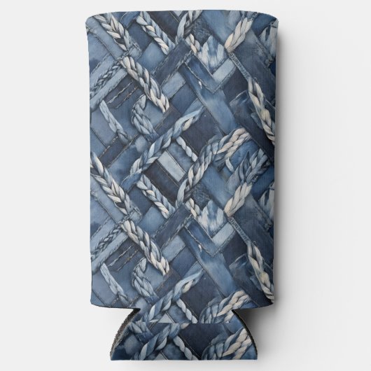 Dunkle gestörte Denim Patchwork und Braids Selters Dosenkühler (Vorderseite)