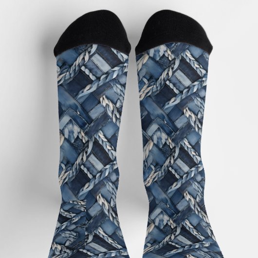 Dunkle gestörte Denim Patchwork und Braids Socken (Oben)