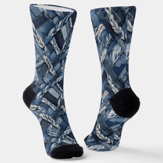 Dunkle gestörte Denim Patchwork und Braids Socken (Gewinkelt)