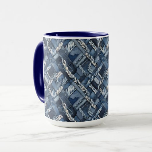 Dunkle gestörte Denim Patchwork und Braids Tasse (Vorderseite Links)