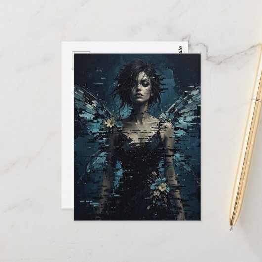 Dunkle Glitch Fee Mit Blumen Postkarte (Vorderseite/Rückseite Beispiel)