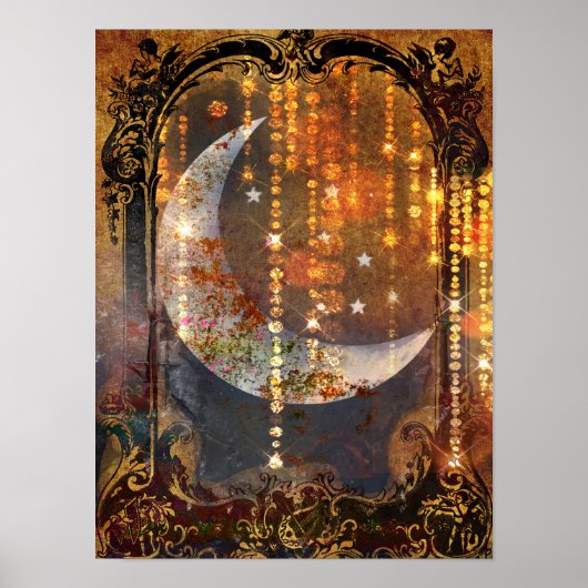 Dunkle Gold Mystic Crescent Moon Crystals Poster (Vorne)