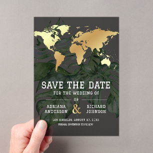 Dunkle Gold-Tropenweltkarte Hochzeit Save-the-Date Acryleinladungen