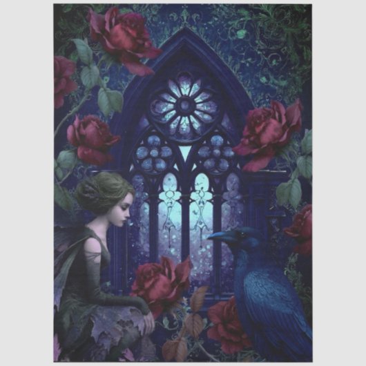 Dunkle Gothic-Fee rote Rosen Rabe Fantasy Seidenpapier (Vorderseite)