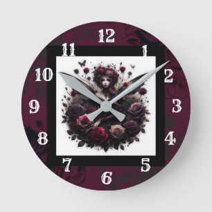 Dunkle Gothic Forest Fairy Floral Rose Burgund Runde Wanduhr