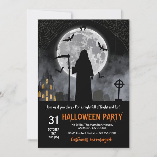 Dunkle Gothic Grim Sensenmann Vollmond-Fledermäuse Einladung (Vorderseite)