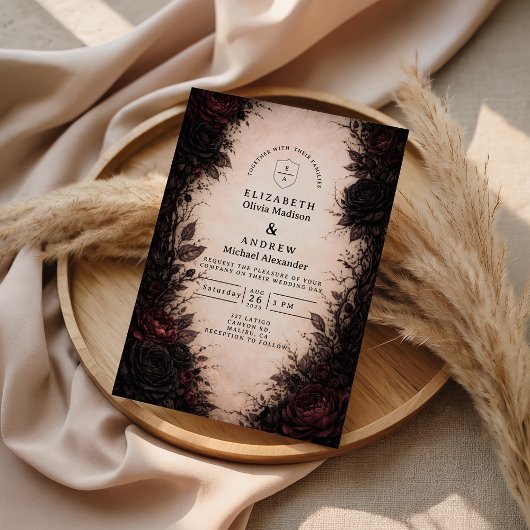 Dunkle Gothic-Hochzeit im Rosendesign Einladung