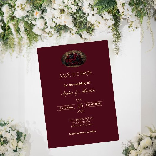 Dunkle Gothic-Romanze Burgunder Save-the-Date