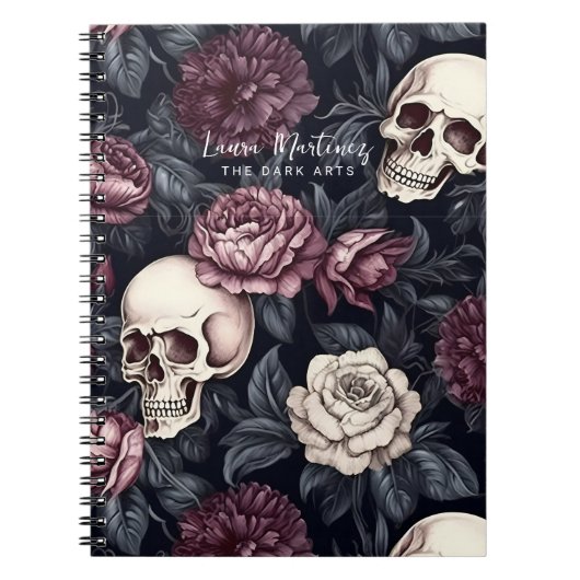 Dunkle Gothic Skulls Mauve Floral Botanicals Notizblock (Vorderseite)