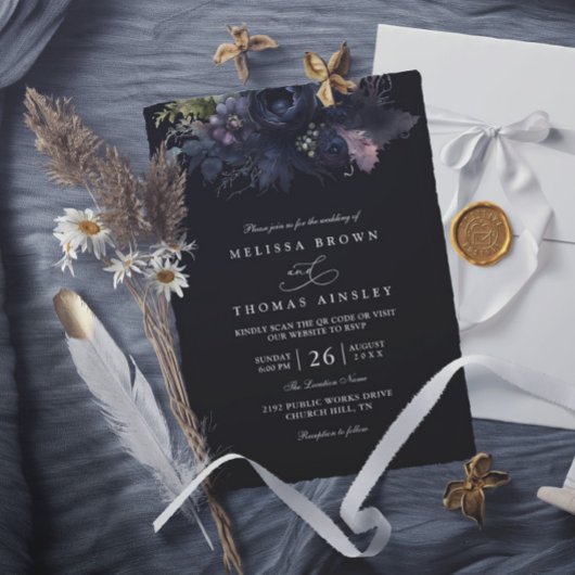 Dunkle gothische florale schwarze elegante QR-Code Einladung