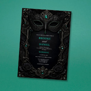 Dunkle gotische Smaragd-Maskenball-Hochzeit Einladung