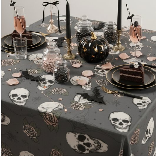 Dunkle graue Gothic-Skulle und Rose Halloween Tischdecke