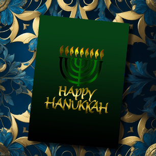 Dunkle Green Gold Menorah Flames Happy Hanukkah Ca Feiertagskarte