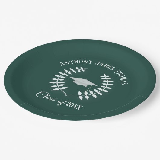 Dunkle grüne Obergrenze und Blätter Papier Teller (Schrägansicht)