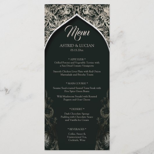 Dunkle grüne Regal Silver Blüh Hochzeit Menükarte (Vorderseite)